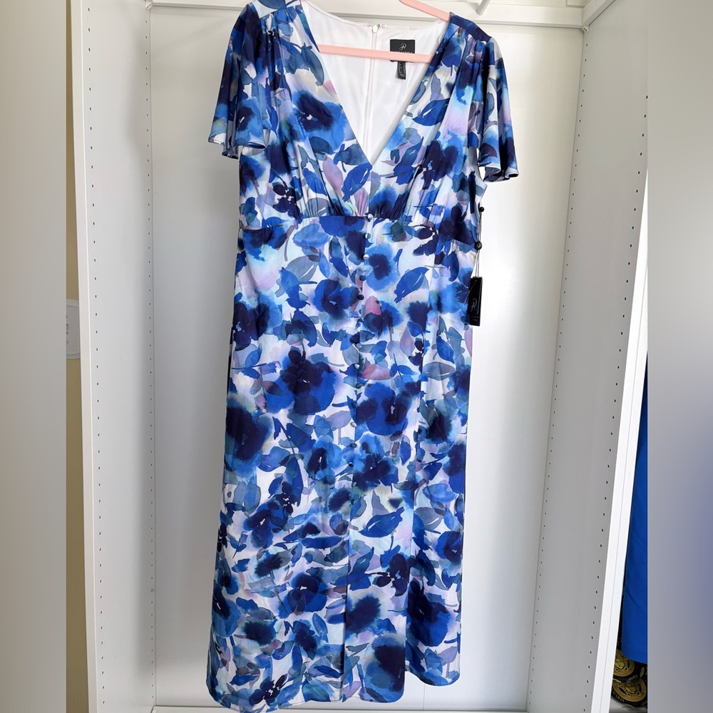 Adrianna Papell Blue Floral Wrap-Effect Midi Dress - Picture 2 of 4